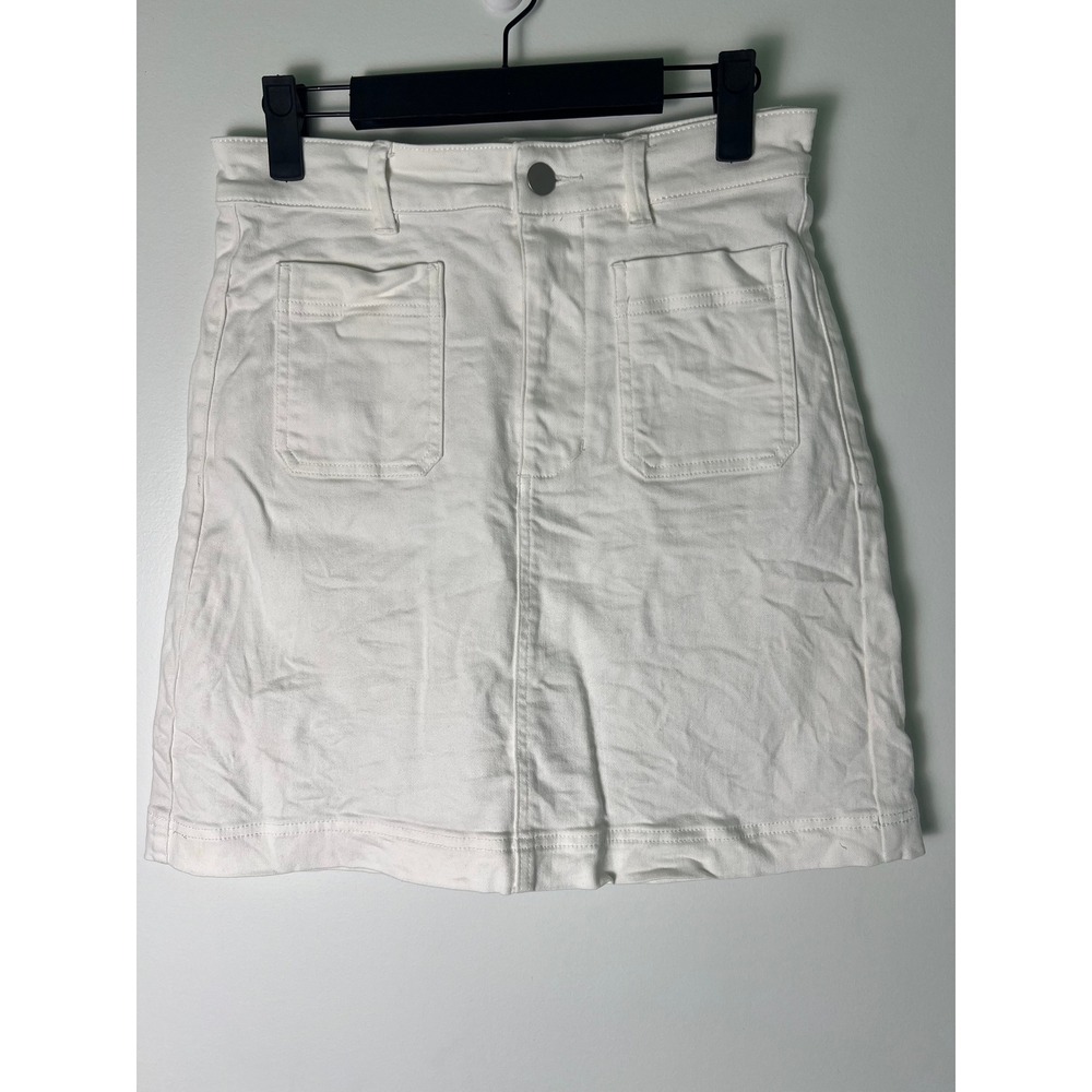 Everlane Denim Mini Skirt W 2 White Patch Pocket High Rise A-Line Stretch Preppy
